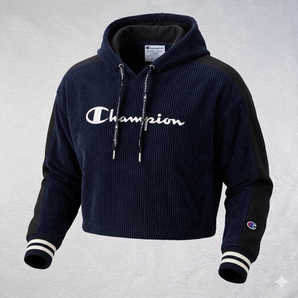 Champion Reverse Weave Women's Corduroy Cropped Hoodie Blue Size L